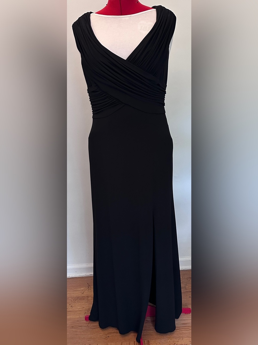 Elegant Black Evening Gown | Ruched Surplice Bodice | Sleeveless | Floor Length